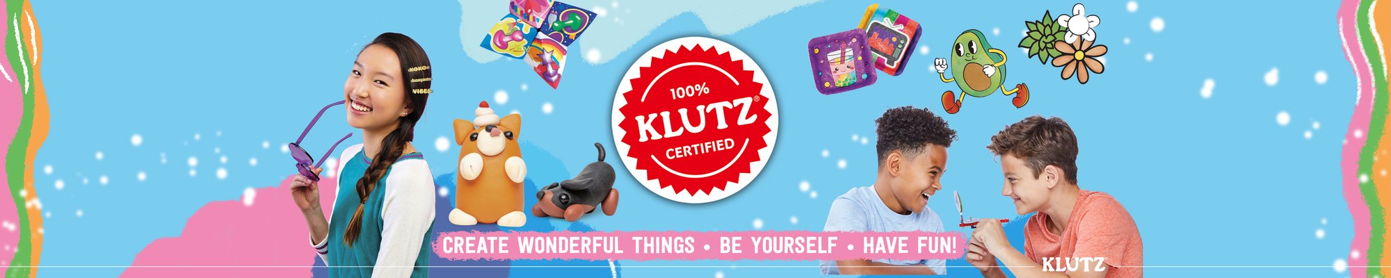 Klutz brand banner: kids making clay animals and LEGO builds around the 100% Klutz certified seal