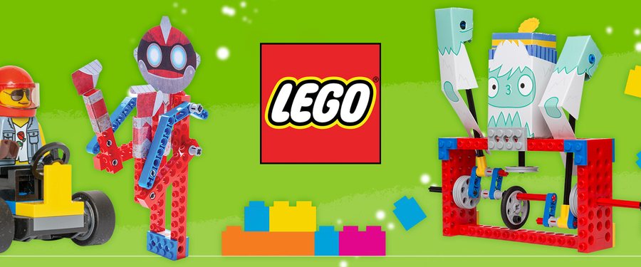 Klutz LEGO kits banner with brick-built cars and robots